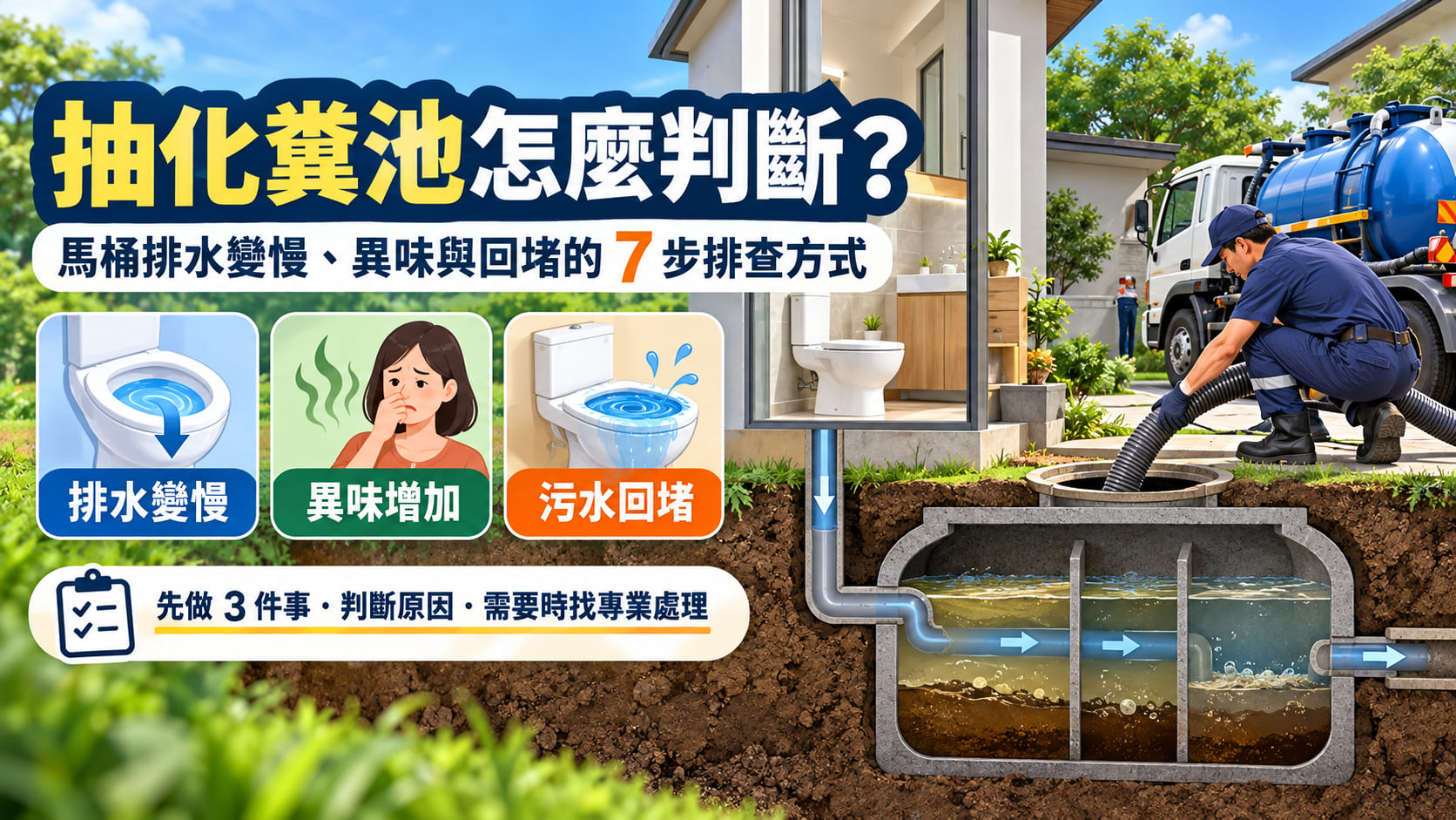 抽化糞池怎麼判斷？馬桶排水變慢、異味與回堵的7步排查方式